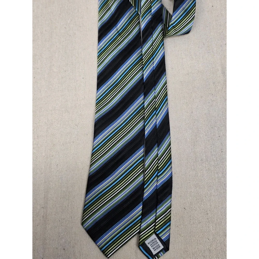 Geoffrey Beene Mens Silk Necktie Blue Green Black Diagonal‎ Striped Hand Made